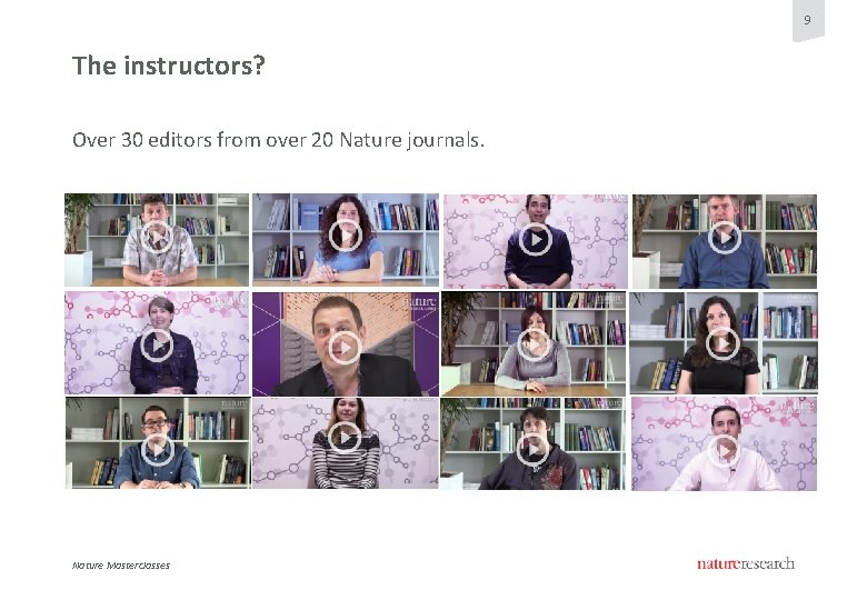 9 The instructors? Over 30 editors from over 20 Nature journals. Nature Masterclasses 