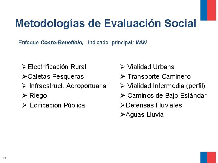 Metodologías de Evaluación Social Enfoque Costo-Beneficio, indicador principal: VAN ØElectrificación Rural ØCaletas Pesqueras Ø