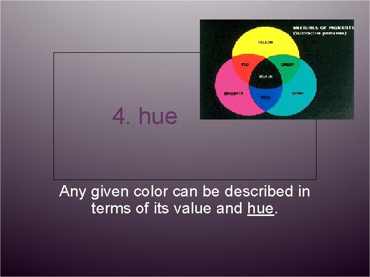 4. hue Any given color can be described in terms of its value and