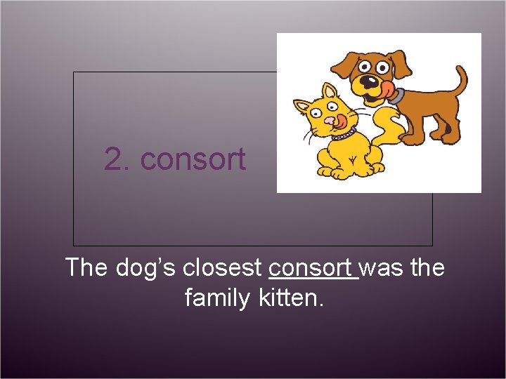 2. consort The dog’s closest consort was the family kitten. 