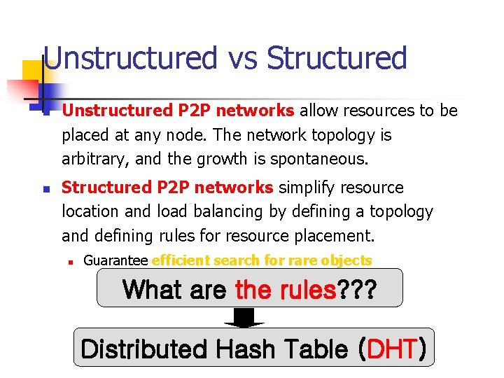 Unstructured vs Structured n n Unstructured P 2 P networks allow resources to be