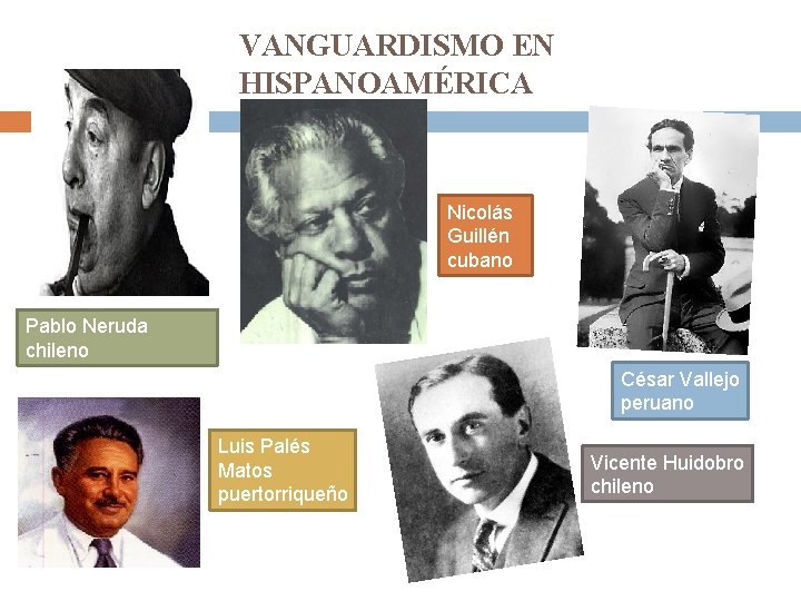 VANGUARDISMO EN HISPANOAMÉRICA Nicolás Guillén cubano Pablo Neruda chileno César Vallejo peruano Luis Palés