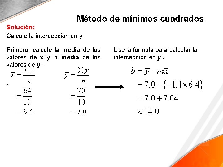 Método de mínimos cuadrados Solución: Calcule la intercepción en y. Primero, calcule la media