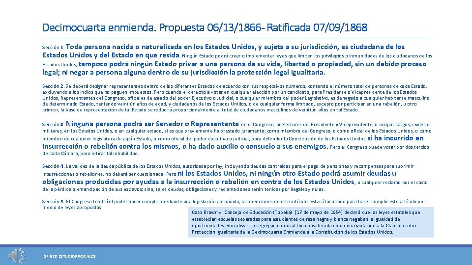 Decimocuarta enmienda. Propuesta 06/13/1866 - Ratificada 07/09/1868 Sección 1. Toda persona nacida o naturalizada