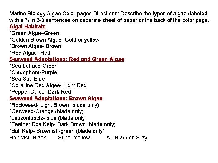 Marine Biology Algae Color pages Directions: Describe the types of algae (labeled with a