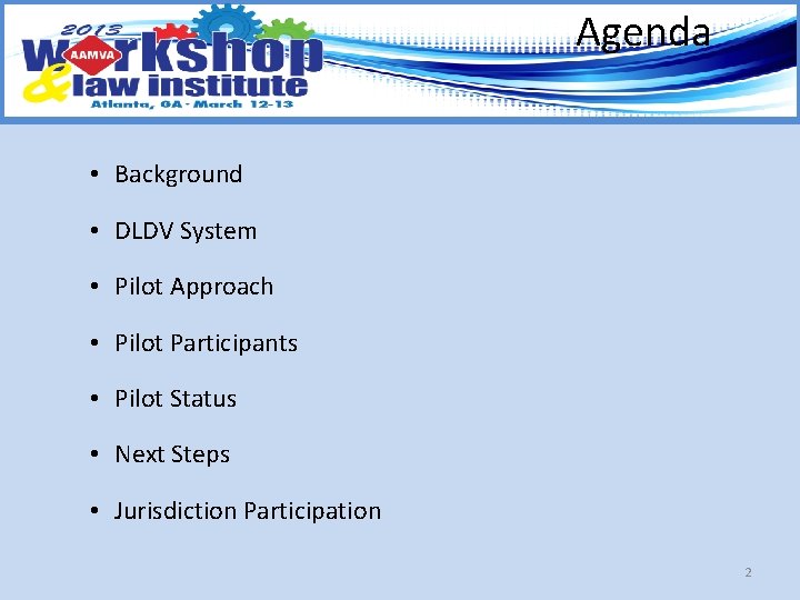 Agenda • Background • DLDV System • Pilot Approach • Pilot Participants • Pilot
