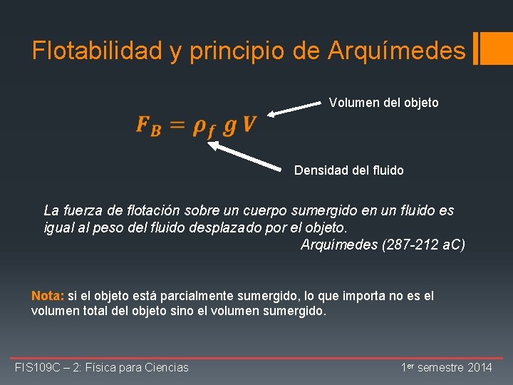 Flotabilidad y principio de Arquímedes Volumen del objeto Densidad del fluido La fuerza de