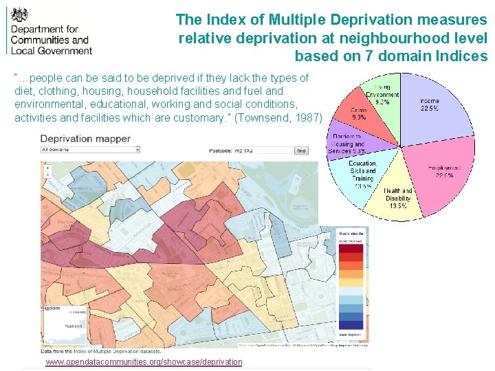 The Index of Multiple Deprivation measures relative deprivation at neighbourhood level based on 7