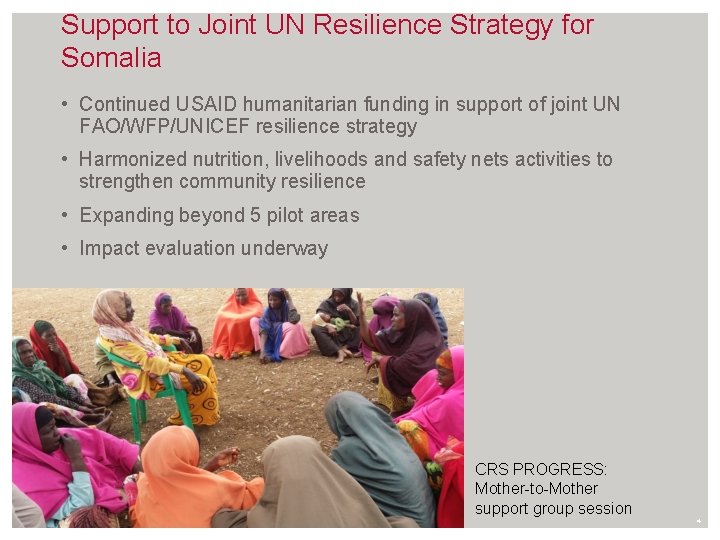 Support to Joint UN Resilience Strategy for Somalia • Continued USAID humanitarian funding in