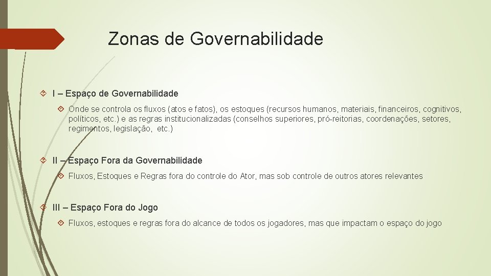 Zonas de Governabilidade I – Espaço de Governabilidade Onde se controla os fluxos (atos