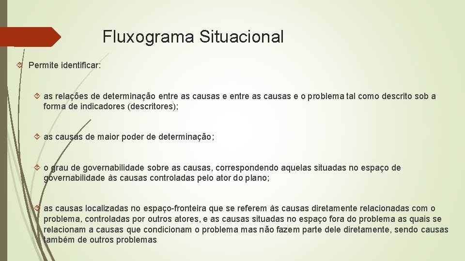 Fluxograma Situacional Permite identificar: as relações de determinação entre as causas e o problema