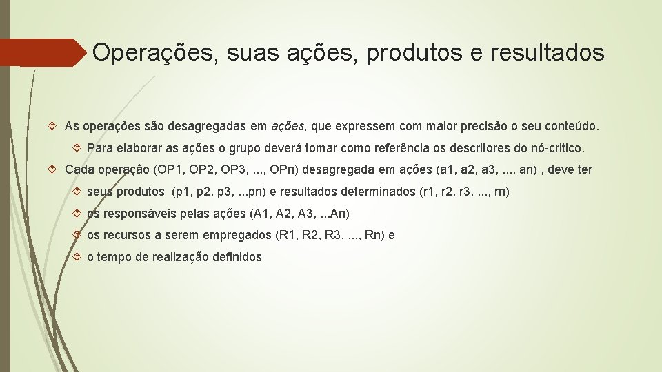 Operações, suas ações, produtos e resultados As operações são desagregadas em ações, que expressem