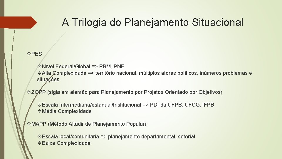 A Trilogia do Planejamento Situacional PES Nível Federal/Global => PBM, PNE Alta Complexidade => A Trilogia do Planejamento Situacional PES Nível Federal/Global => PBM, PNE Alta Complexidade =>