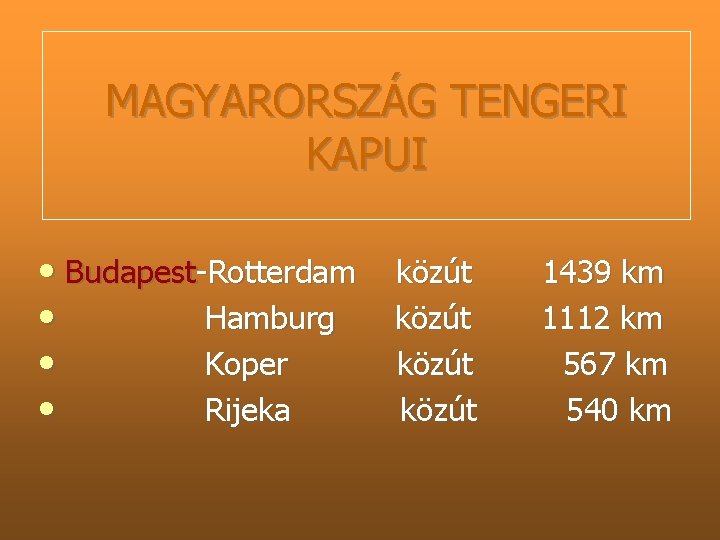 MAGYARORSZÁG TENGERI KAPUI • Budapest Rotterdam közút • Hamburg közút • Koper közút •