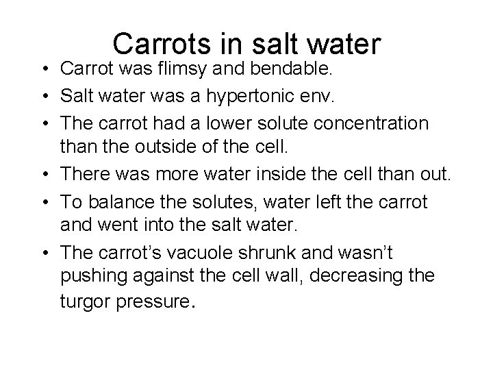 Carrots in salt water • Carrot was flimsy and bendable. • Salt water was