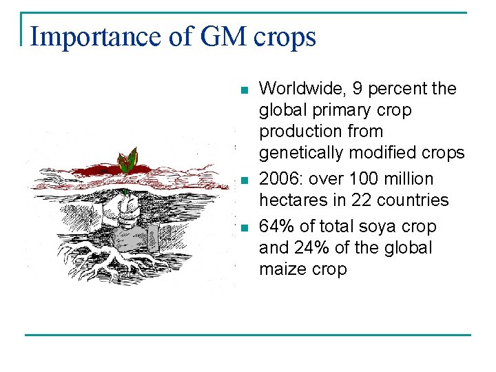 Importance of GM crops n n n Worldwide, 9 percent the global primary crop