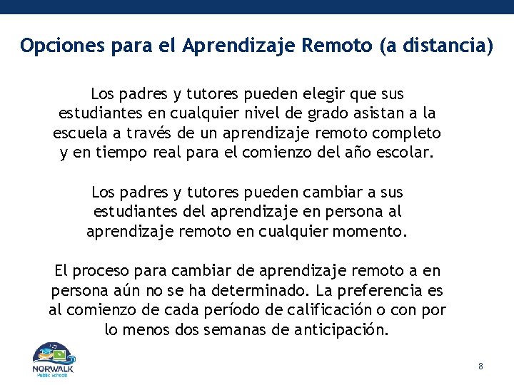 Opciones para el Aprendizaje Remoto (a distancia) Los padres y tutores pueden elegir que