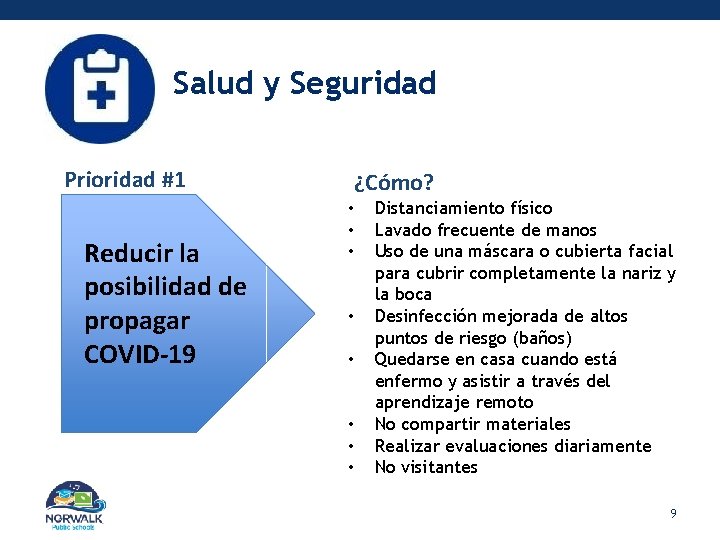 Salud y Seguridad Prioridad #1 Reducir la posibilidad de propagar COVID-19 ¿Cómo? • •