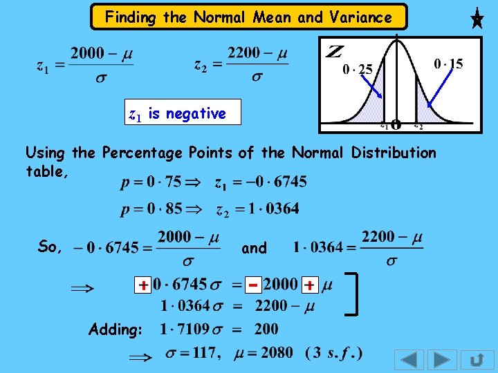 Finding the Normal Mean and Variance z 1 is negative Using the Percentage Points