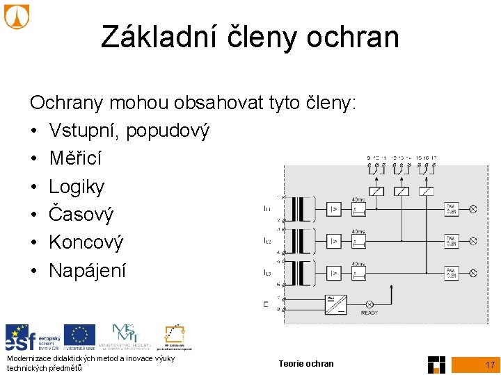 Základní členy ochran Ochrany mohou obsahovat tyto členy: • Vstupní, popudový • Měřicí • Základní členy ochran Ochrany mohou obsahovat tyto členy: • Vstupní, popudový • Měřicí •