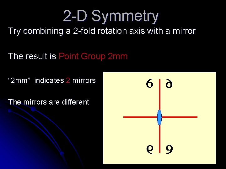 2 -D Symmetry Try combining a 2 -fold rotation axis with a mirror The