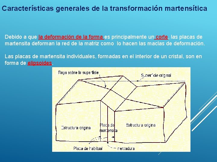 Características generales de la transformación martensítica Debido a que la deformación de la forma