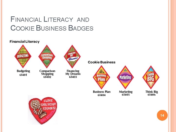 FINANCIAL LITERACY AND COOKIE BUSINESS BADGES 14 