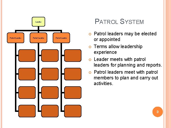 PATROL SYSTEM Leader Patrol leaders may be elected or appointed Terms allow leadership experience