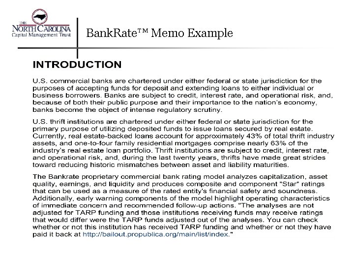 Bank. Rate™ Memo Example 