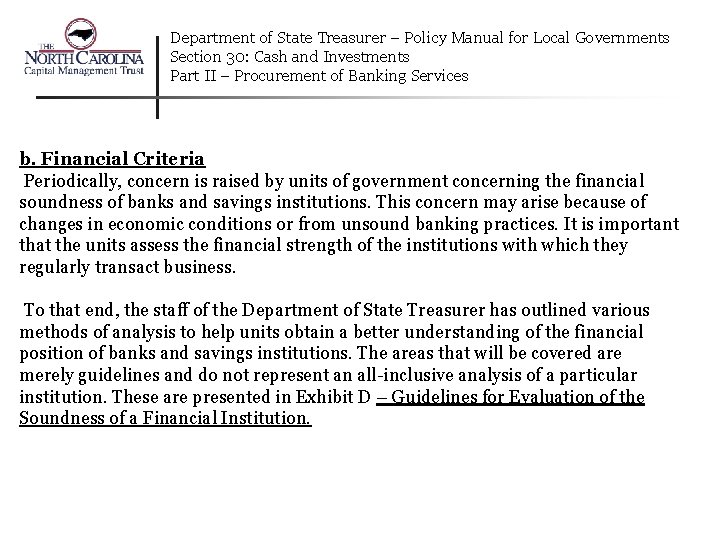 Department of State Treasurer – Policy Manual for Local Governments Section 30: Cash and