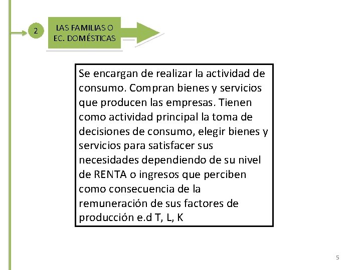 2 LAS FAMILIAS O EC. DOMÉSTICAS Se encargan de realizar la actividad de consumo.