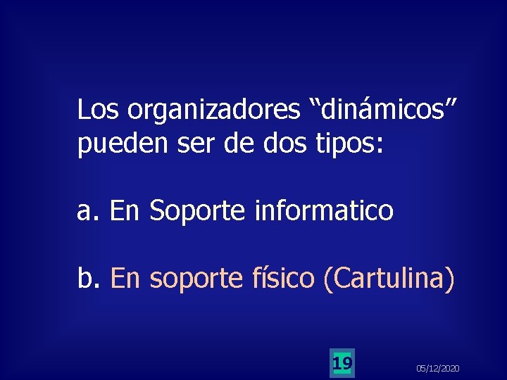Los organizadores “dinámicos” pueden ser de dos tipos: a. En Soporte informatico b. En