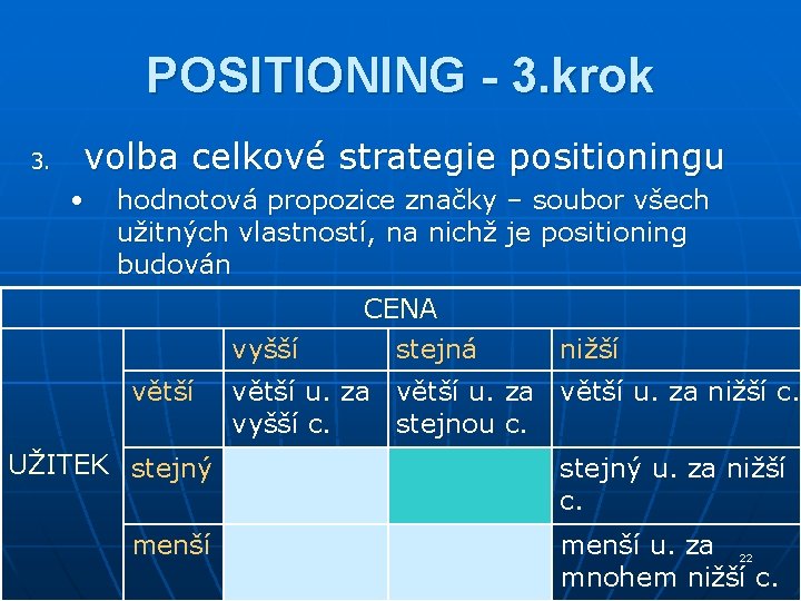 POSITIONING - 3. krok 3. volba celkové strategie positioningu • hodnotová propozice značky – POSITIONING - 3. krok 3. volba celkové strategie positioningu • hodnotová propozice značky –