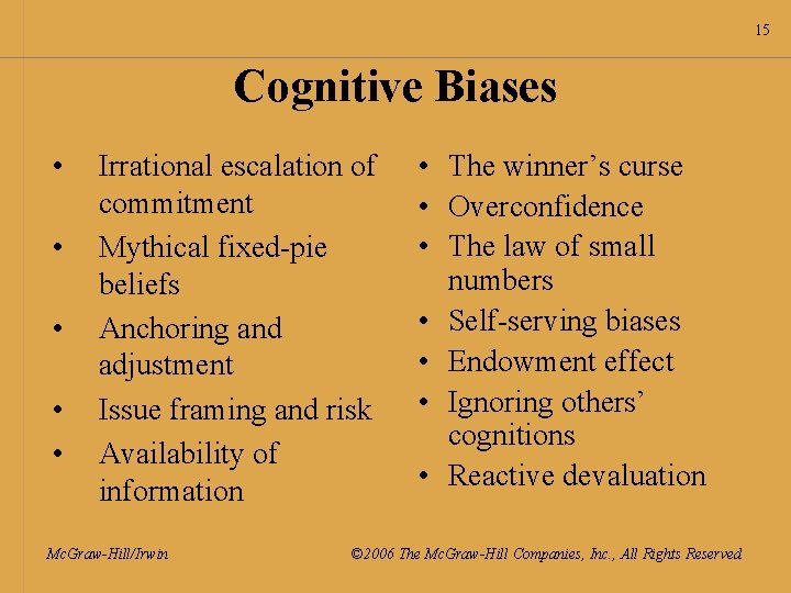 15 Cognitive Biases • • • Irrational escalation of commitment Mythical fixed-pie beliefs Anchoring