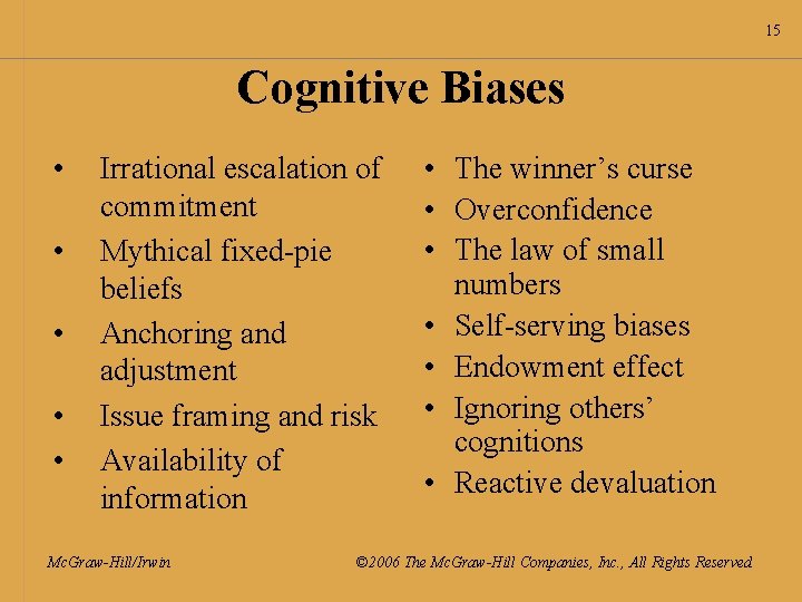 15 Cognitive Biases • • • Irrational escalation of commitment Mythical fixed-pie beliefs Anchoring