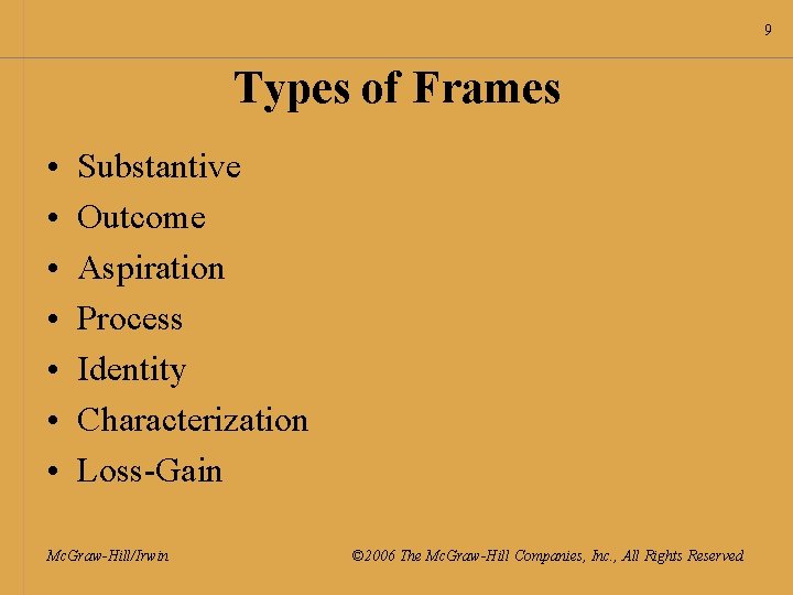 9 Types of Frames • • Substantive Outcome Aspiration Process Identity Characterization Loss-Gain Mc.