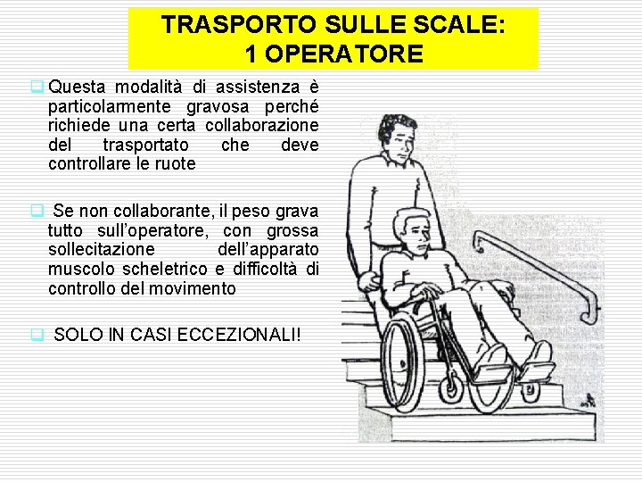 TRASPORTO SULLE SCALE: 1 OPERATORE q Questa modalità di assistenza è particolarmente gravosa perché