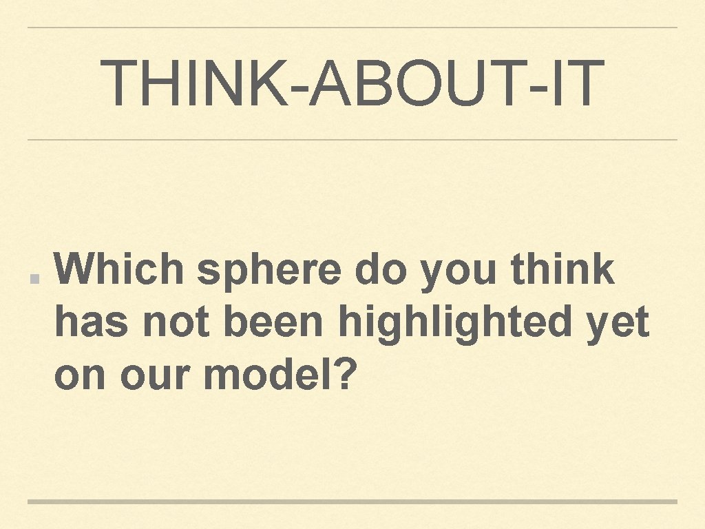 THINK-ABOUT-IT Which sphere do you think has not been highlighted yet on our model?