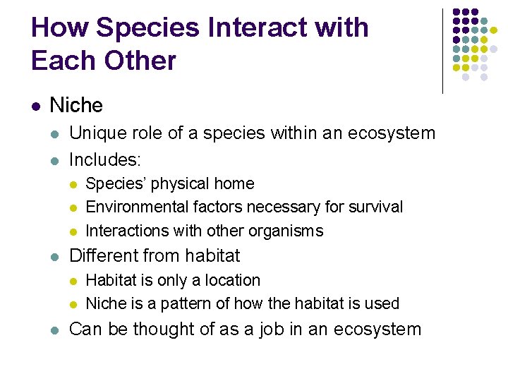 How Species Interact with Each Other l Niche l l Unique role of a