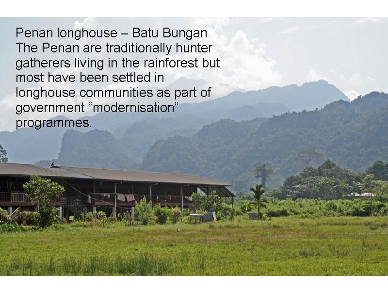 Penan longhouse – Batu Bungan The Penan are traditionally hunter gatherers living in the