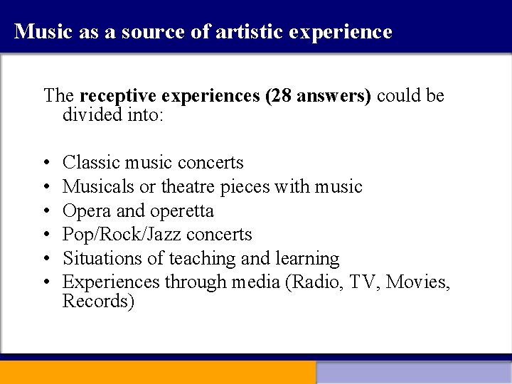 Music as a source of artistic experience The receptive experiences (28 answers) could be