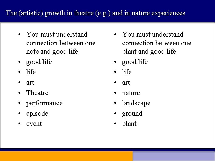 The (artistic) growth in theatre (e. g. ) and in nature experiences • You