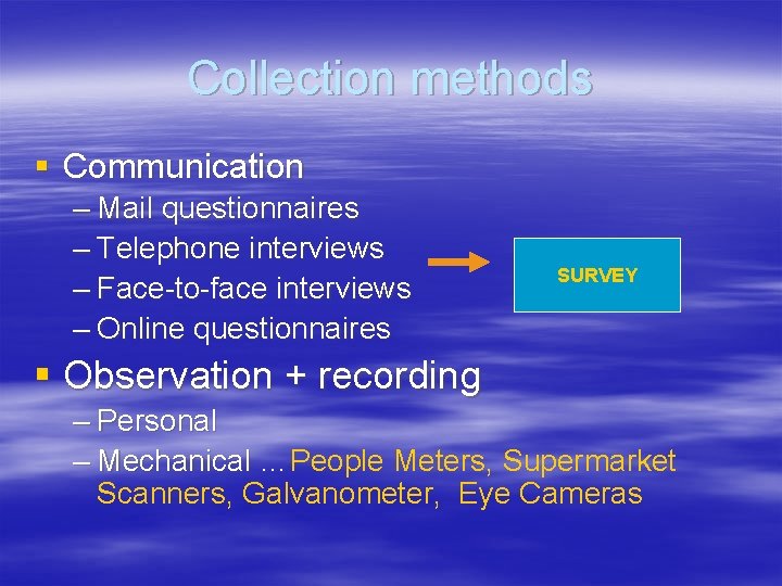 Collection methods § Communication – Mail questionnaires – Telephone interviews – Face-to-face interviews –