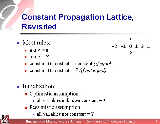 Constant Propagation Lattice, Revisited n Meet rules: n n n > … -2 -1 Constant Propagation Lattice, Revisited n Meet rules: n n n > … -2 -1