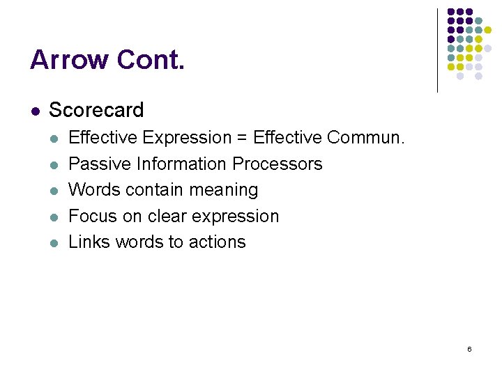 Arrow Cont. l Scorecard l l l Effective Expression = Effective Commun. Passive Information