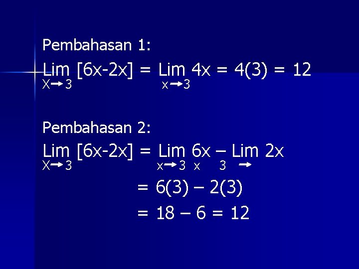 Pembahasan 1: Lim [6 x-2 x] = Lim 4 x = 4(3) = 12