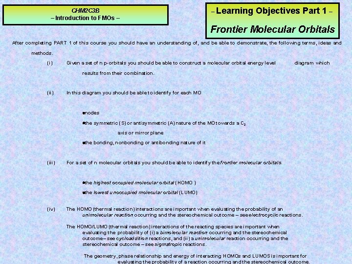 CHM 2 C 3 B – Introduction to FMOs – – Learning Objectives Part