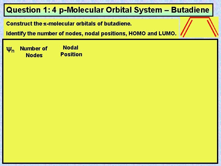 Question 1: 4 p-Molecular Orbital System – Butadiene Construct the p-molecular orbitals of butadiene.