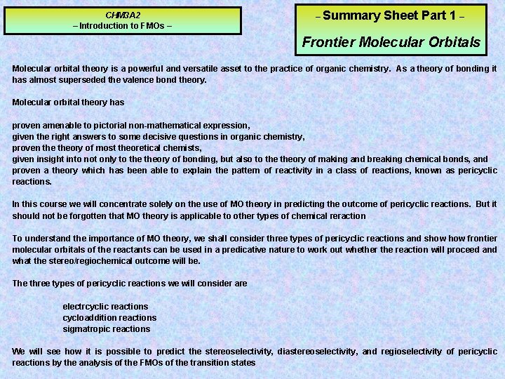 CHM 3 A 2 – Introduction to FMOs – – Summary Sheet Part 1