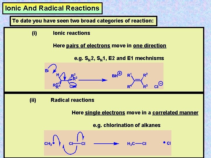 Ionic And Radical Reactions To date you have seen two broad categories of reaction:
